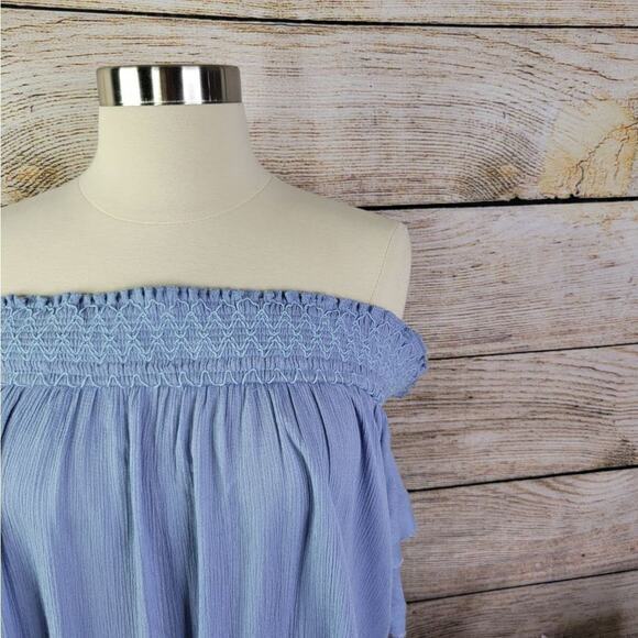 ONETHELAND Blue Off Shoulder Key Hole Back Embroidered Shoulder Top Small - Picture 3 of 9